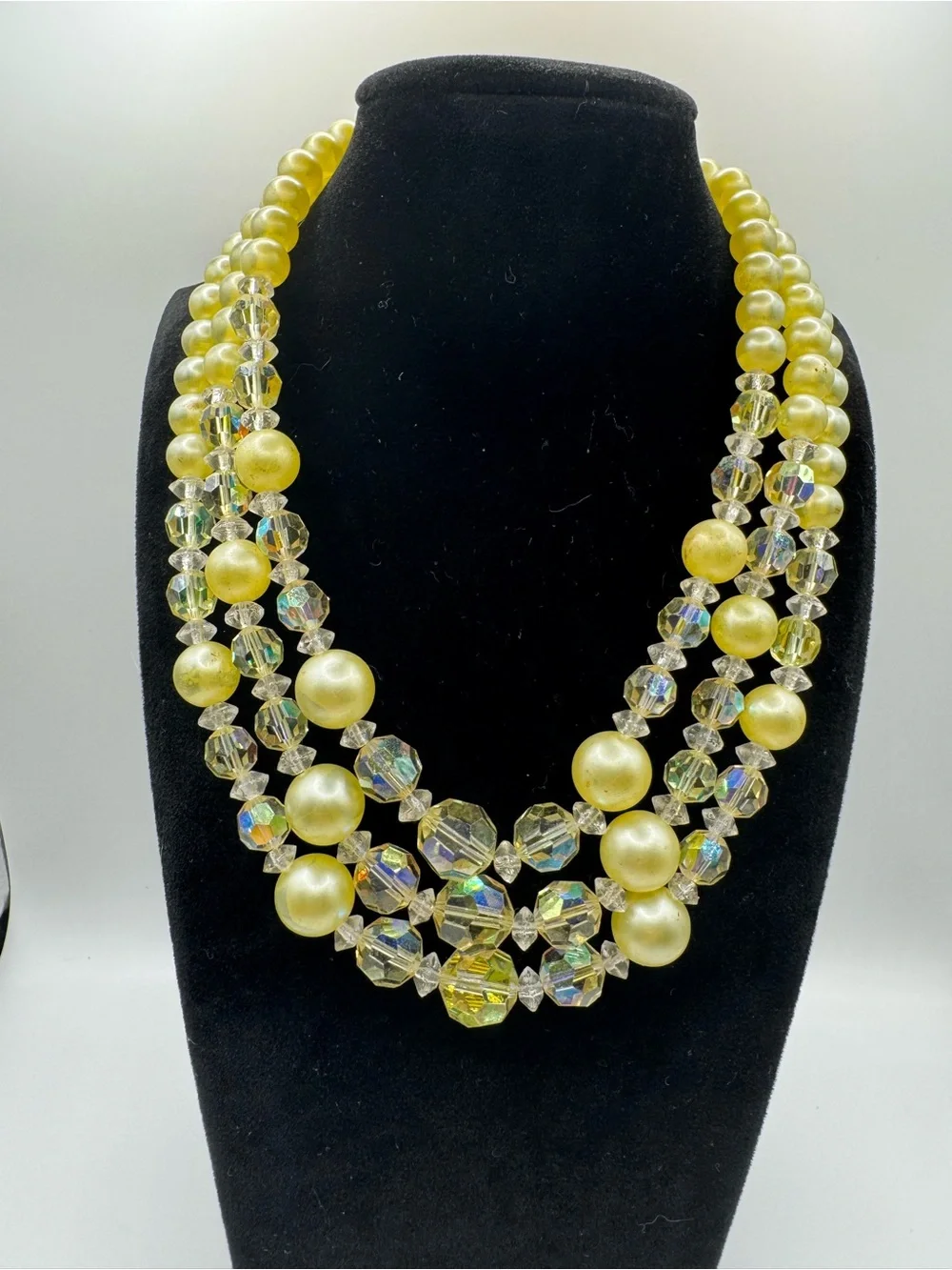 Vintage Triple-Strand Yellow Faux Pearl and AB Crystal Necklace